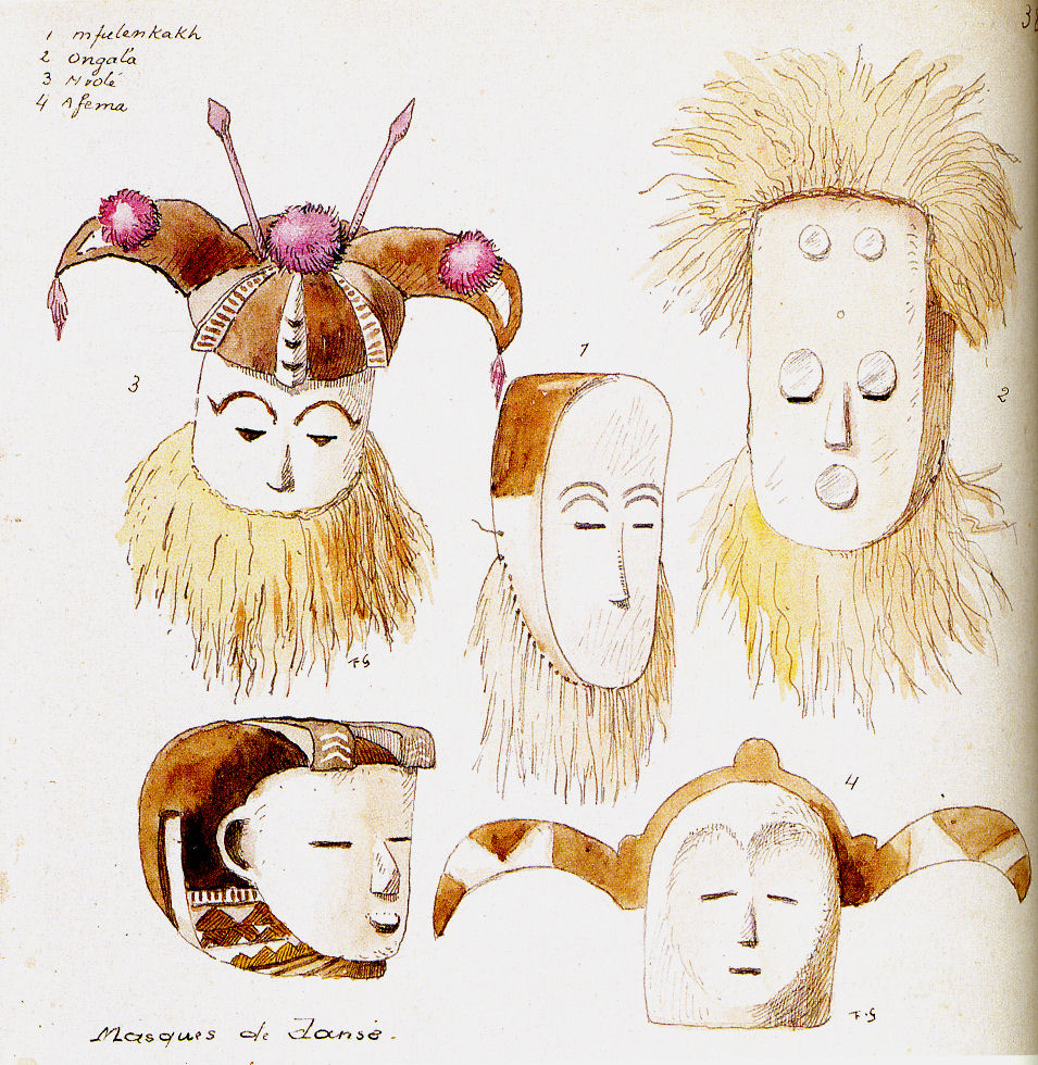 Masques fang dessinés par Fernand Grébert sur le vif, vers 1920-1925, au Gabon