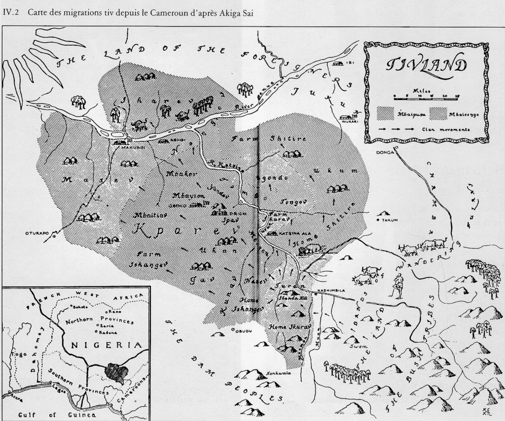 Carte des migrations Tiv depuis le Cameroun selon Akiga Sai