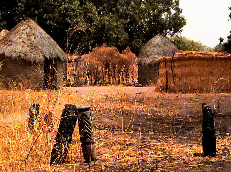 Poteaux funéraires dans un village sara